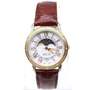 RELIC Watch Mens Gold Tone Stainless Steel Moonphase Brown Leather Band Japan